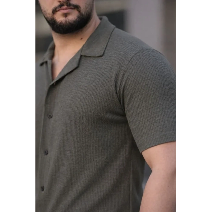 MARSiLYAN- Erkek Waffle Kumaş Kısa Kollu Düğmeli Açık Yaka Regular Fit Gömlek - Haki