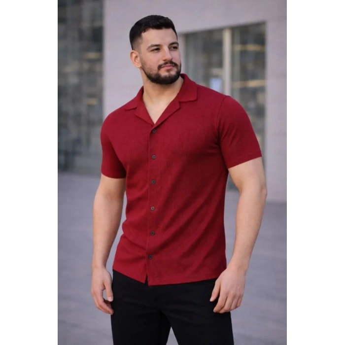 MARSiLYAN- Erkek Waffle Kumaş Kısa Kollu Düğmeli Açık Yaka Regular Fit Gömlek - Kırmızı
