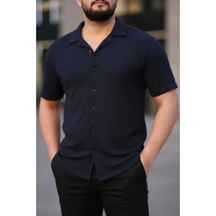 MARSiLYAN- Erkek Waffle Kumaş Kısa Kollu Düğmeli Açık Yaka Regular Fit Gömlek - Lacivert
