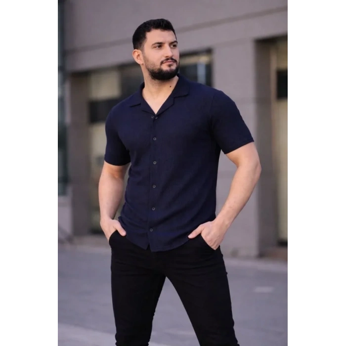 MARSiLYAN- Erkek Waffle Kumaş Kısa Kollu Düğmeli Açık Yaka Regular Fit Gömlek - Lacivert