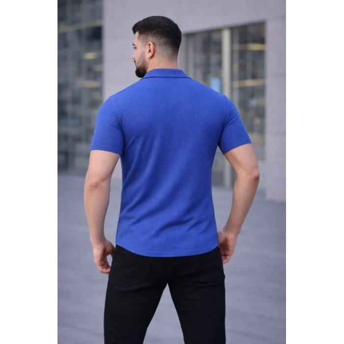 MARSiLYAN- Erkek Waffle Kumaş Kısa Kollu Düğmeli Açık Yaka Regular Fit Gömlek - Saks Mavisi
