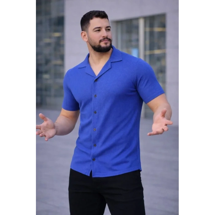 MARSiLYAN- Erkek Waffle Kumaş Kısa Kollu Düğmeli Açık Yaka Regular Fit Gömlek - Saks Mavisi