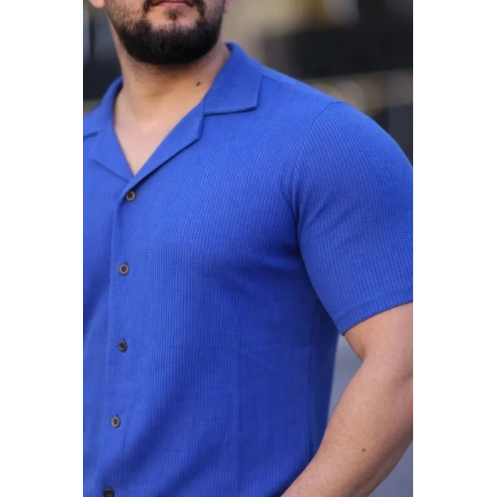 MARSiLYAN- Erkek Waffle Kumaş Kısa Kollu Düğmeli Açık Yaka Regular Fit Gömlek - Saks Mavisi