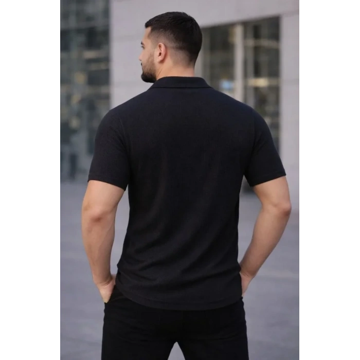 MARSiLYAN- Erkek Waffle Kumaş Kısa Kollu Düğmeli Açık Yaka Regular Fit Gömlek - Siyah
