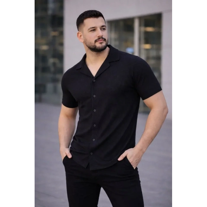 MARSiLYAN- Erkek Waffle Kumaş Kısa Kollu Düğmeli Açık Yaka Regular Fit Gömlek - Siyah