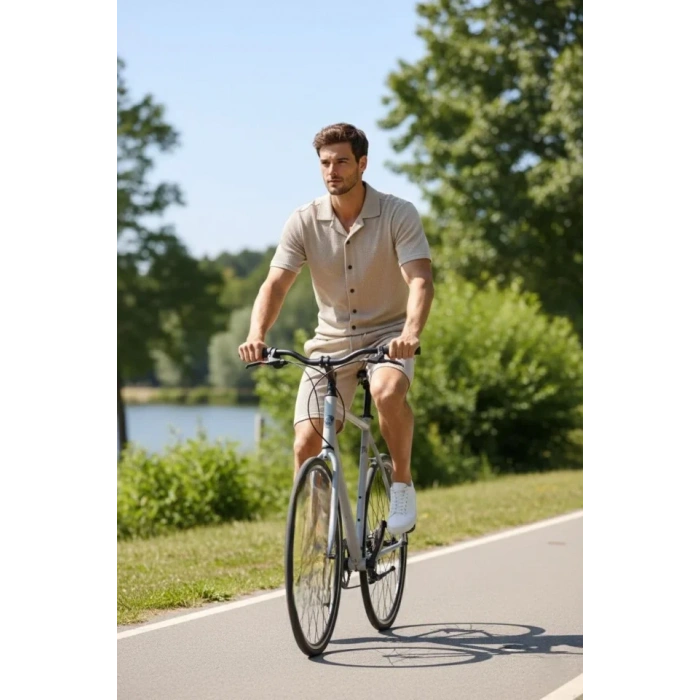 MARSiLYAN- Erkek Waffle Kumaş Kısa Kollu Gömlek Şort Takım Regular Fit Yazlık İkili Set - Bej