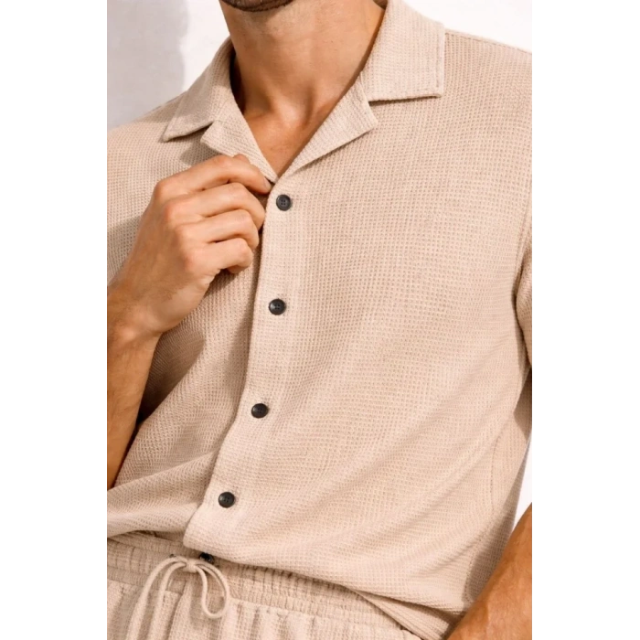 MARSiLYAN- Erkek Waffle Kumaş Kısa Kollu Gömlek Şort Takım Regular Fit Yazlık İkili Set - Bej