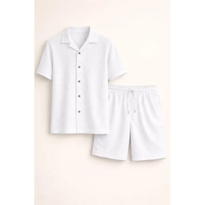 MARSiLYAN- Erkek Waffle Kumaş Kısa Kollu Gömlek Şort Takım Regular Fit Yazlık İkili Set - Beyaz