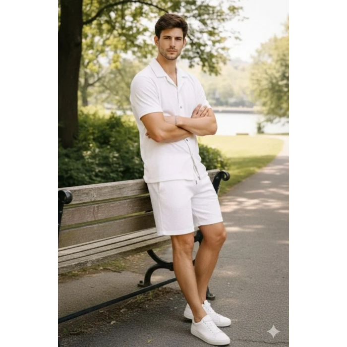 MARSiLYAN- Erkek Waffle Kumaş Kısa Kollu Gömlek Şort Takım Regular Fit Yazlık İkili Set - Beyaz