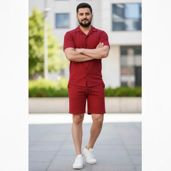 MARSiLYAN- Erkek Waffle Kumaş Kısa Kollu Gömlek Şort Takım Regular Fit Yazlık İkili Set - Bordo