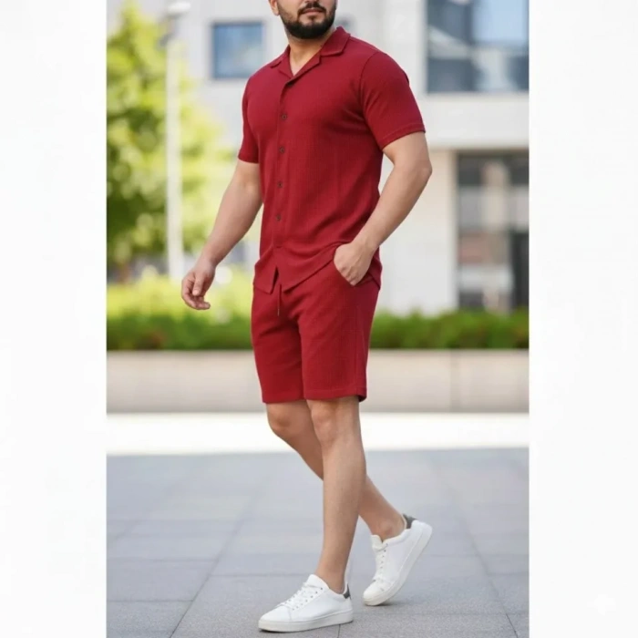MARSiLYAN- Erkek Waffle Kumaş Kısa Kollu Gömlek Şort Takım Regular Fit Yazlık İkili Set - Bordo