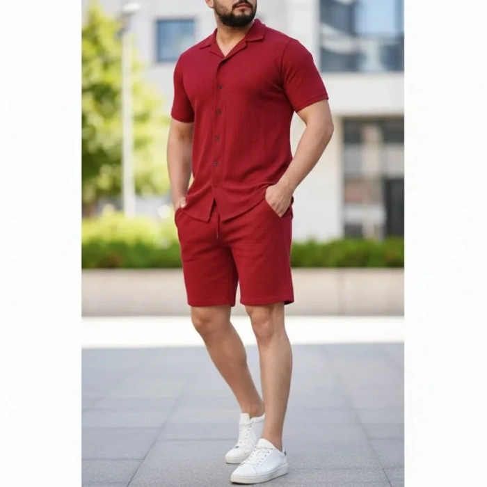 MARSiLYAN- Erkek Waffle Kumaş Kısa Kollu Gömlek Şort Takım Regular Fit Yazlık İkili Set - Bordo