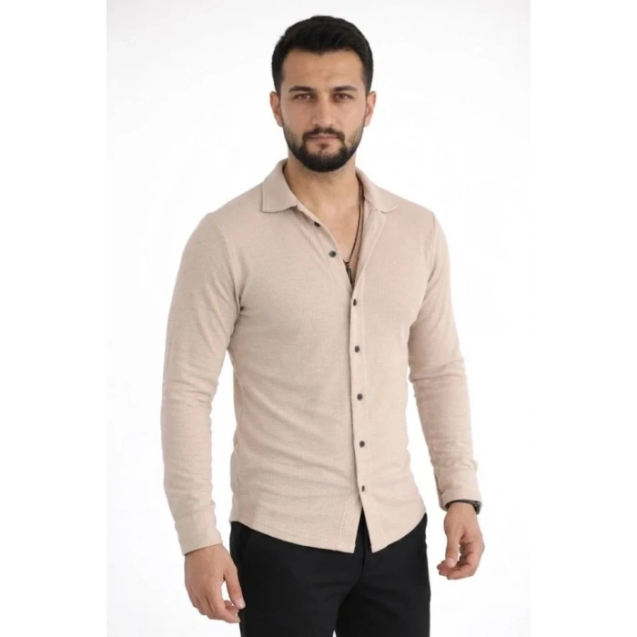 MARSiLYAN- Erkek Waffle Kumaş Uzun Kollu Düğmeli Açık Yaka Regular Fit Gömlek - Bej