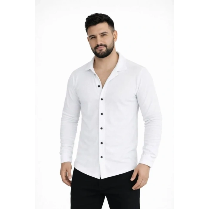 MARSiLYAN- Erkek Waffle Kumaş Uzun Kollu Düğmeli Açık Yaka Regular Fit Gömlek - Beyaz