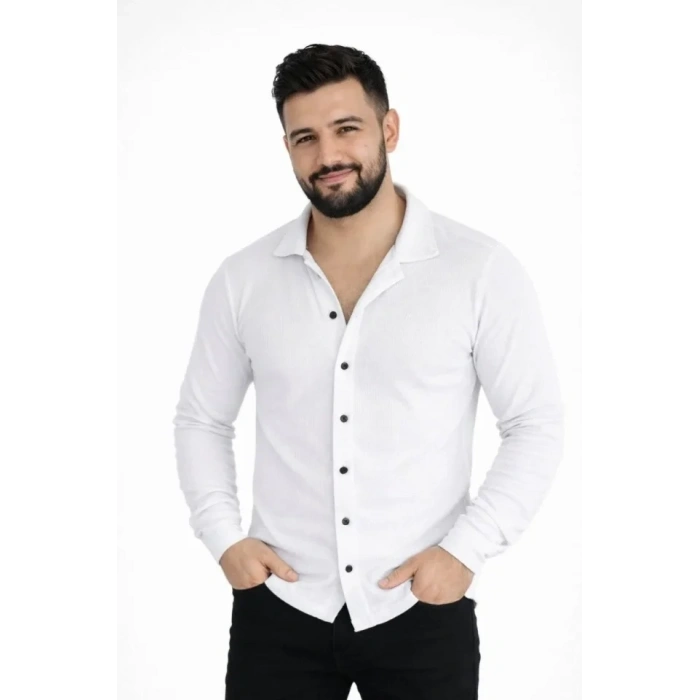 MARSiLYAN- Erkek Waffle Kumaş Uzun Kollu Düğmeli Açık Yaka Regular Fit Gömlek - Beyaz