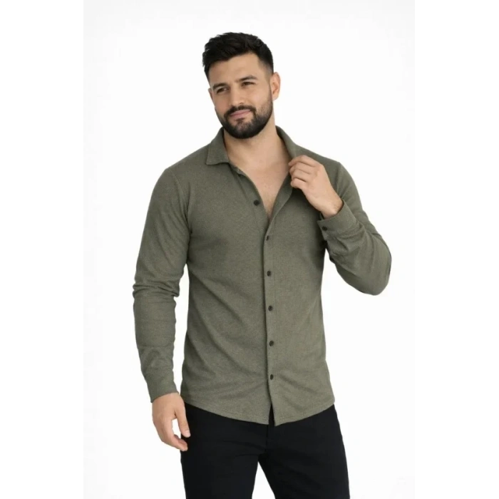 MARSiLYAN- Erkek Waffle Kumaş Uzun Kollu Düğmeli Açık Yaka Regular Fit Gömlek - Haki