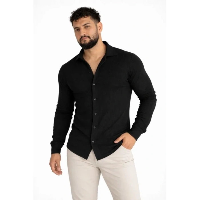 MARSiLYAN- Erkek Waffle Kumaş Uzun Kollu Düğmeli Açık Yaka Regular Fit Gömlek - Siyah