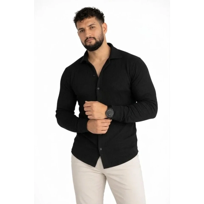 MARSiLYAN- Erkek Waffle Kumaş Uzun Kollu Düğmeli Açık Yaka Regular Fit Gömlek - Siyah
