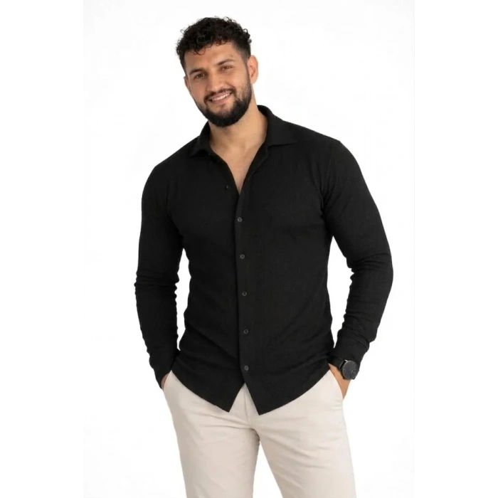 MARSiLYAN- Erkek Waffle Kumaş Uzun Kollu Düğmeli Açık Yaka Regular Fit Gömlek - Siyah