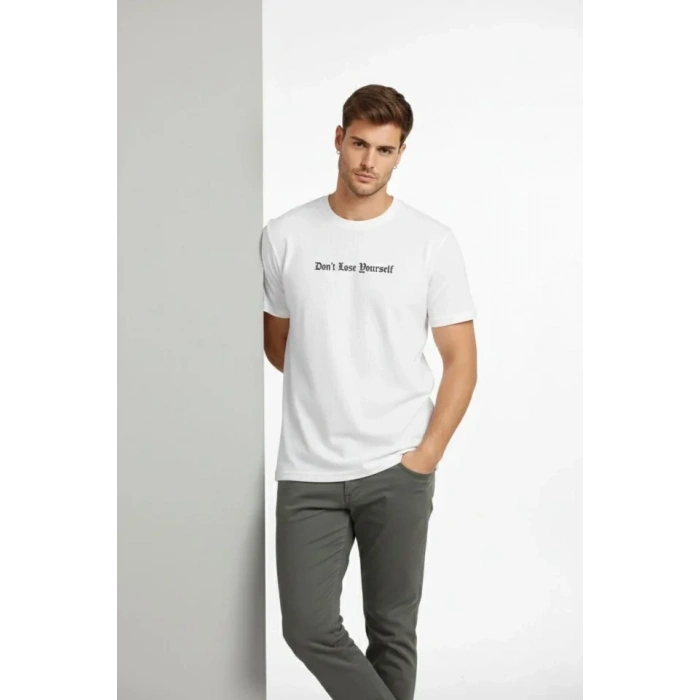 MARSiLYAN- Erkek Wafıl Kumaş Tişört Regular Kalıp Bisiklet Yaka Baskılı Günlük Basic T-Shirt - Beyaz