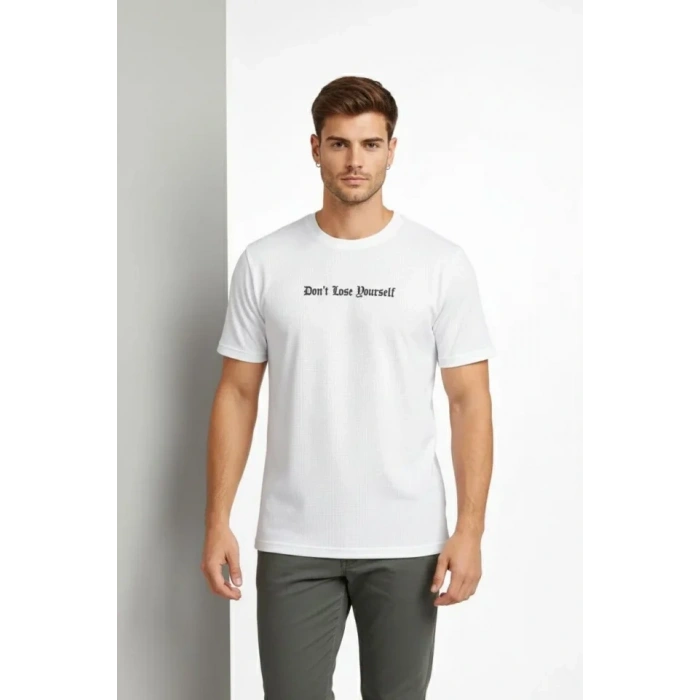 MARSiLYAN- Erkek Wafıl Kumaş Tişört Regular Kalıp Bisiklet Yaka Baskılı Günlük Basic T-Shirt - Beyaz