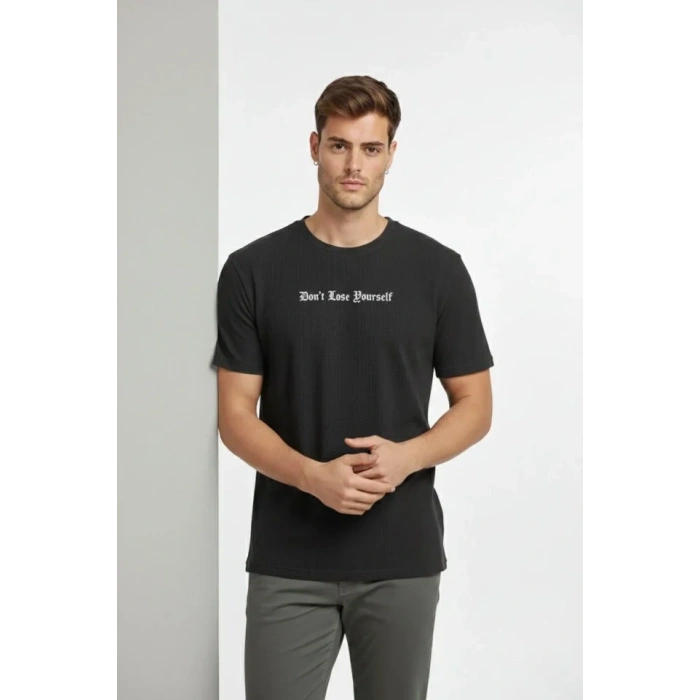 MARSiLYAN- Erkek Wafıl Kumaş Tişört Regular Kalıp Bisiklet Yaka Baskılı Günlük Basic T-Shirt - Siyah