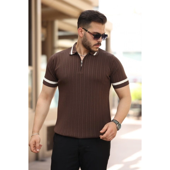 MARSiLYAN- Erkek Yaka Ve Kolları çizgi Detaylı Fermuarlı Kısa Kollu T-shirt