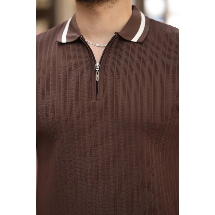 MARSiLYAN- Erkek Yaka Ve Kolları çizgi Detaylı Fermuarlı Kısa Kollu T-shirt