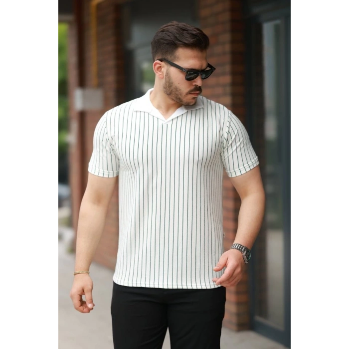 MARSiLYAN- Erkek Yakalı çizgi Desenli Kısa Kollu Tişört