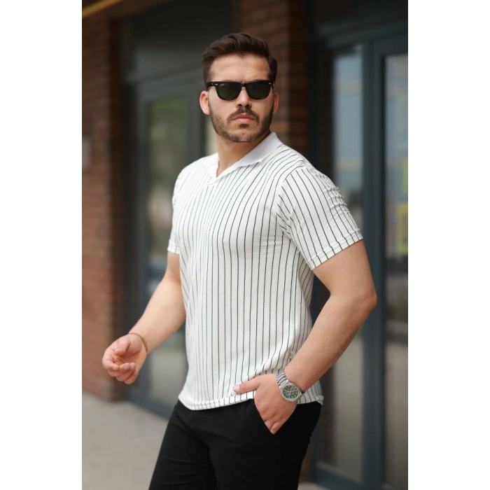 MARSiLYAN- Erkek Yakalı çizgi Desenli Kısa Kollu Tişört