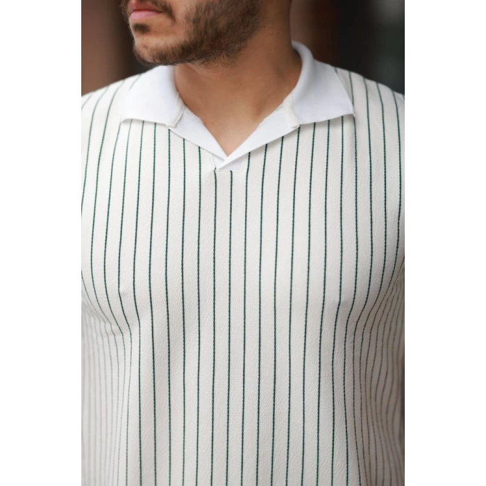 MARSiLYAN- Erkek Yakalı çizgi Desenli Kısa Kollu Tişört