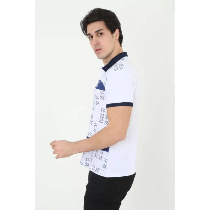 MARSiLYAN- Erkek Yakalı Slim Fit Baskılı T-Shirt - Beyaz