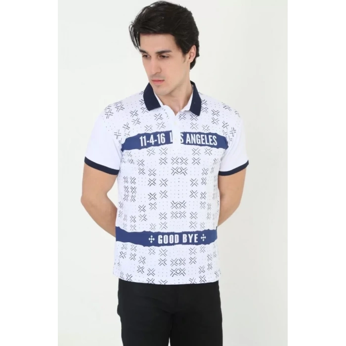 MARSiLYAN- Erkek Yakalı Slim Fit Baskılı T-Shirt - Beyaz