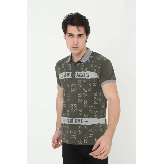 MARSiLYAN- Erkek Yakalı Slim Fit Baskılı T-Shirt - Haki
