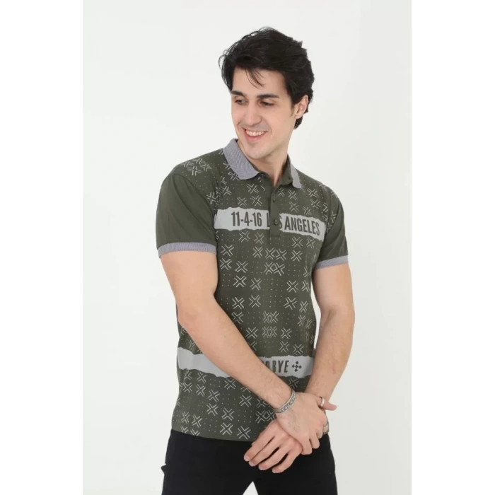 MARSiLYAN- Erkek Yakalı Slim Fit Baskılı T-Shirt - Haki