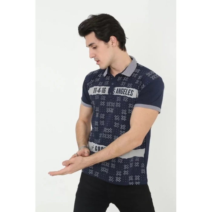 MARSiLYAN- Erkek Yakalı Slim Fit Baskılı T-Shirt - Lacivert