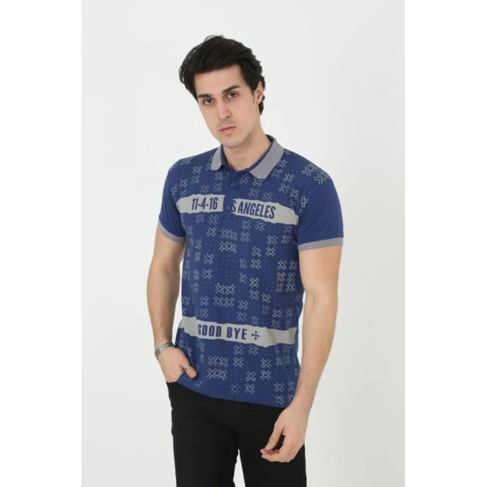 MARSiLYAN- Erkek Yakalı Slim Fit Baskılı T-Shirt - Mavi