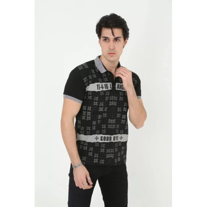 MARSiLYAN- Erkek Yakalı Slim Fit Baskılı T-Shirt - Siyah