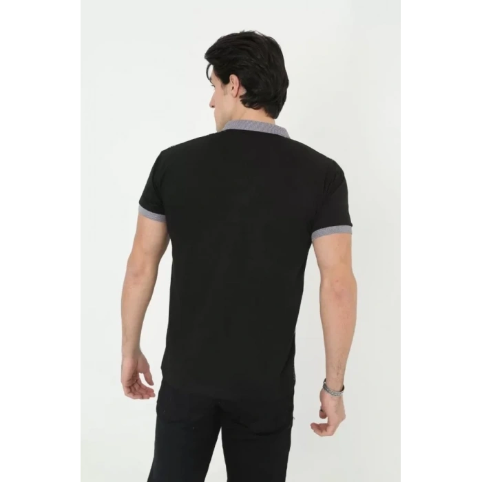 MARSiLYAN- Erkek Yakalı Slim Fit Baskılı T-Shirt - Siyah