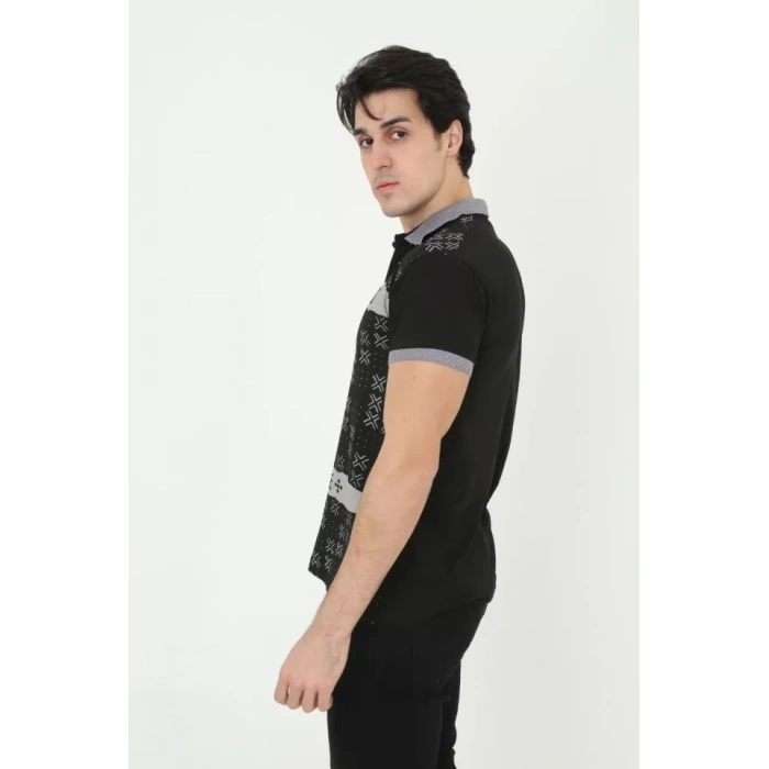 MARSiLYAN- Erkek Yakalı Slim Fit Baskılı T-Shirt - Siyah