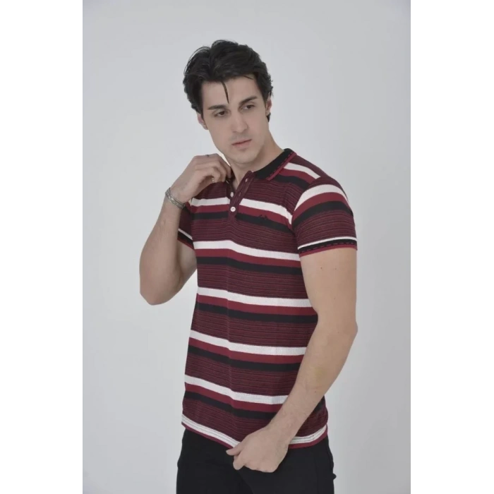 MARSiLYAN- Erkek Yakalı Slim Fit Dokuma Çizgili T-Shirt - Bordo