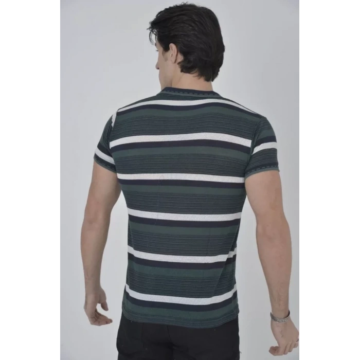 MARSiLYAN- Erkek Yakalı Slim Fit Dokuma Çizgili T-Shirt - Haki