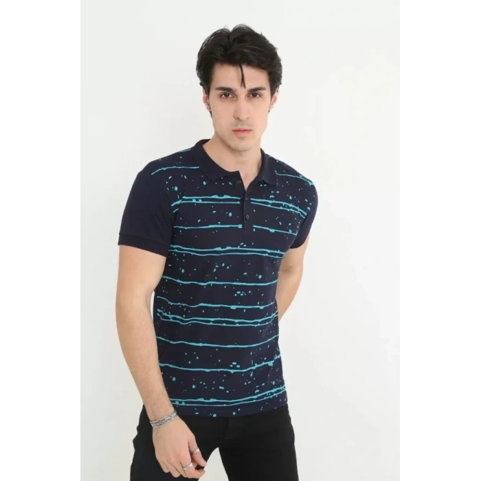 MARSiLYAN- Erkek Yakalı Slim Fit Pike Çizgili T-Shirt - Lacivert