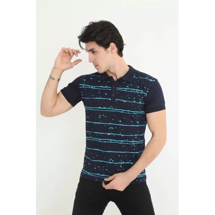 MARSiLYAN- Erkek Yakalı Slim Fit Pike Çizgili T-Shirt - Lacivert