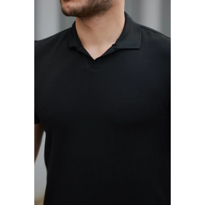 MARSiLYAN- Erkek Yakalı Waffle Dokulu Kısa Kollu Tişört