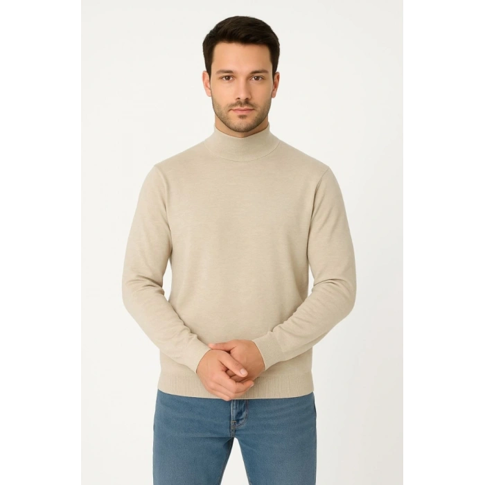 MARSiLYAN- Erkek Yarım Boğaz Triko Kazak Yumuşak Dokulu Pamuklu Ince Dokuma, Uzun Kollu Rahat Regular Kalıp - Bej