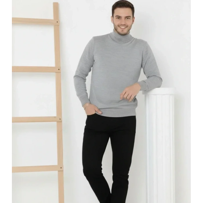 MARSiLYAN- Erkek Yarım Boğaz Triko Kazak Yumuşak Dokulu Pamuklu Ince Dokuma, Uzun Kollu Rahat Regular Kalıp - Gri