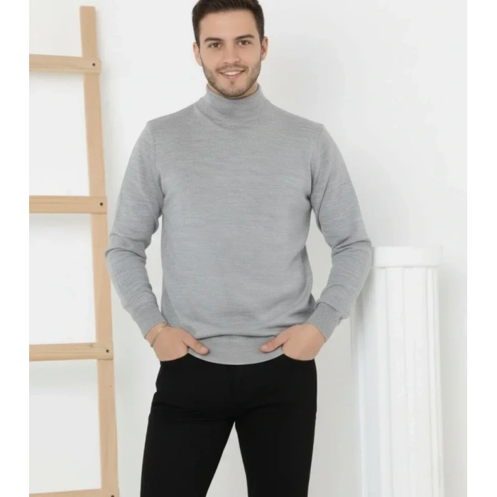 MARSiLYAN- Erkek Yarım Boğaz Triko Kazak Yumuşak Dokulu Pamuklu Ince Dokuma, Uzun Kollu Rahat Regular Kalıp - Gri