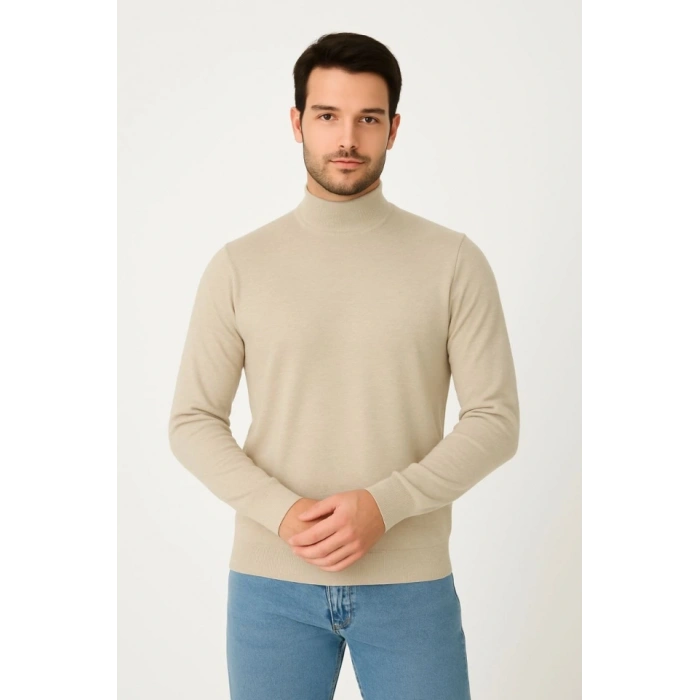 MARSiLYAN- Erkek Yarım Boğaz Triko Kazak Yumuşak Dokulu Pamuklu Ince Dokuma, Uzun Kollu Rahat Regular Kalıp - Bej