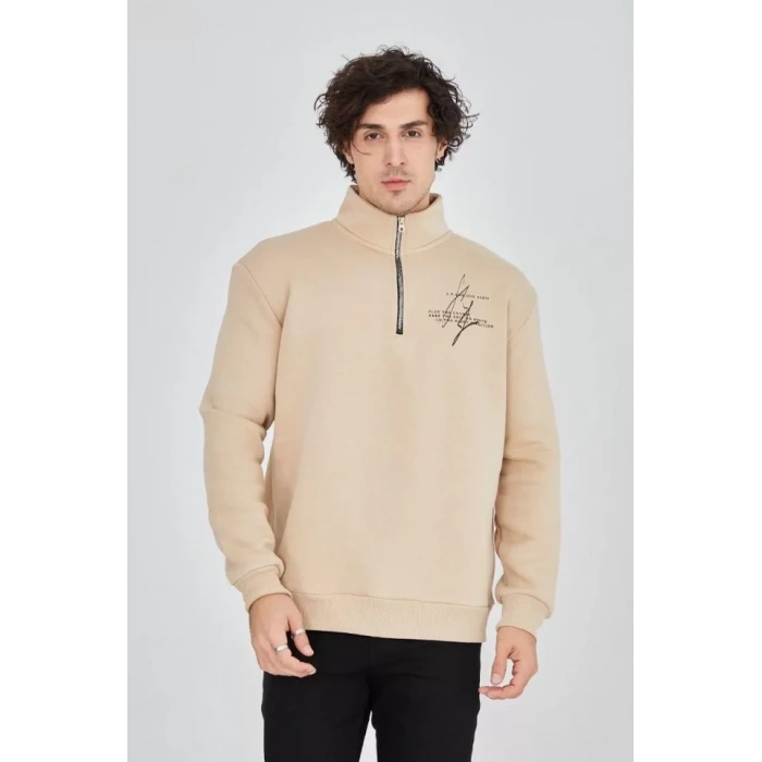 MARSiLYAN- Erkek Yarım Fermuarlı Baskılı Sweat - Bej